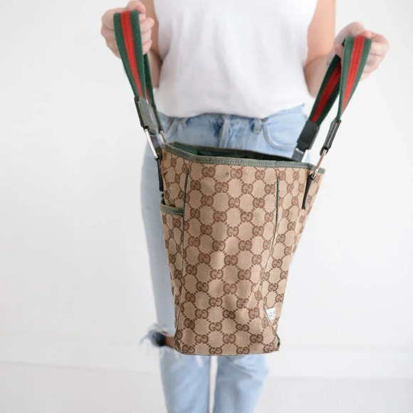 GUCCI Beige & Green GG Sherry Canvas Web Handle Tote Purse  Bag - Picture 4 of 17